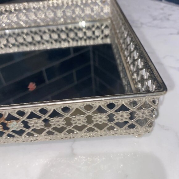Vtg Vanity Mirror Footed Perfume Tray Metal Hollywood Regency Style 8.5" Square - Picture 2 of 8